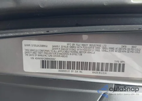 2008 Subaru Tribeca Base 5-Passenger z USA, uszkodzony, nr VIN 4S4WX91D684404447